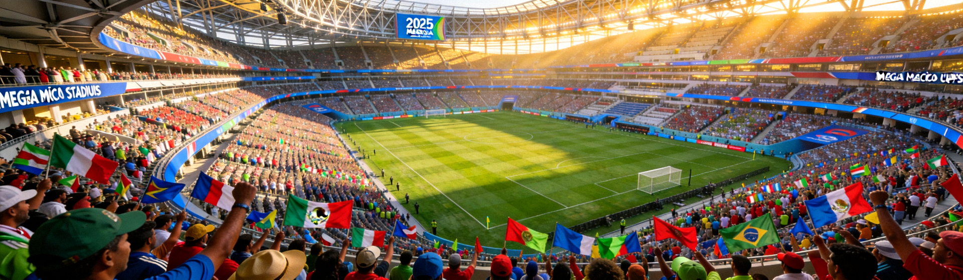 2026年美加墨世界杯主体育场全景鸟瞰图，宏伟的现代化足球场绿茵草地与球迷欢呼场景