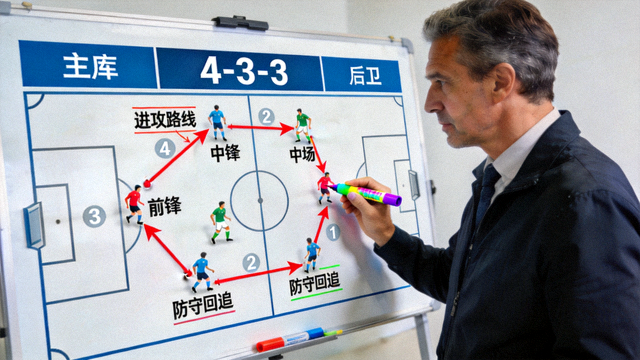 足球战术分析图解，教练在战术板上标注球员跑位路线与阵型布局